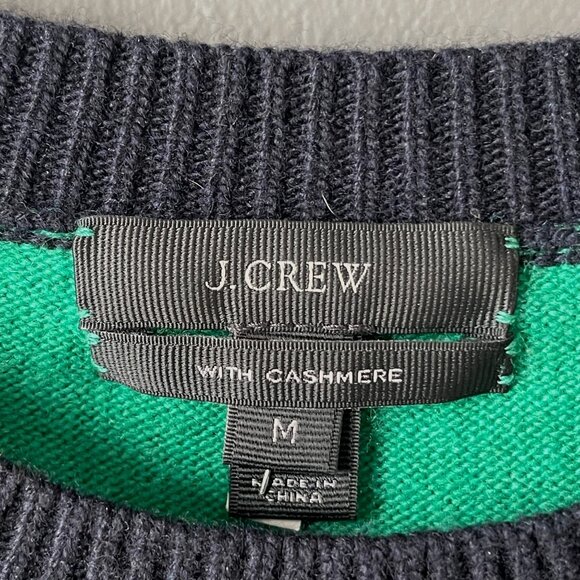 J. Crew Navy Green Colorblock Elbow Patch Cashmere Wool Sweater Womens Medium - Picture 6 of 8